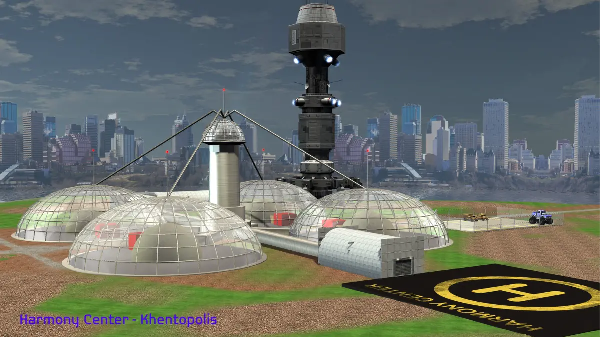 2019 concept art of Harmony Center with the Khentopolis skyline.